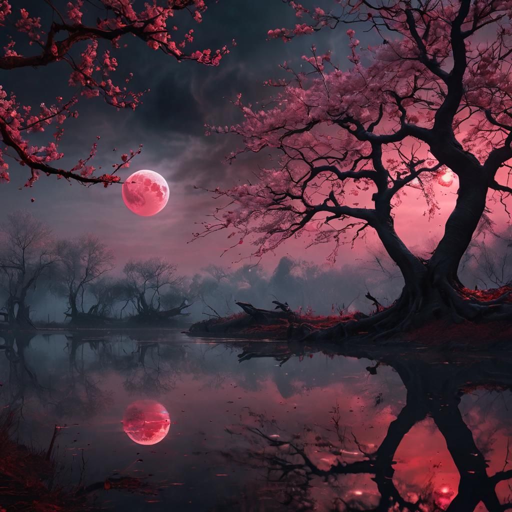 Haunted Lake Cityscape with Crimson Blossoms in Gothic Style