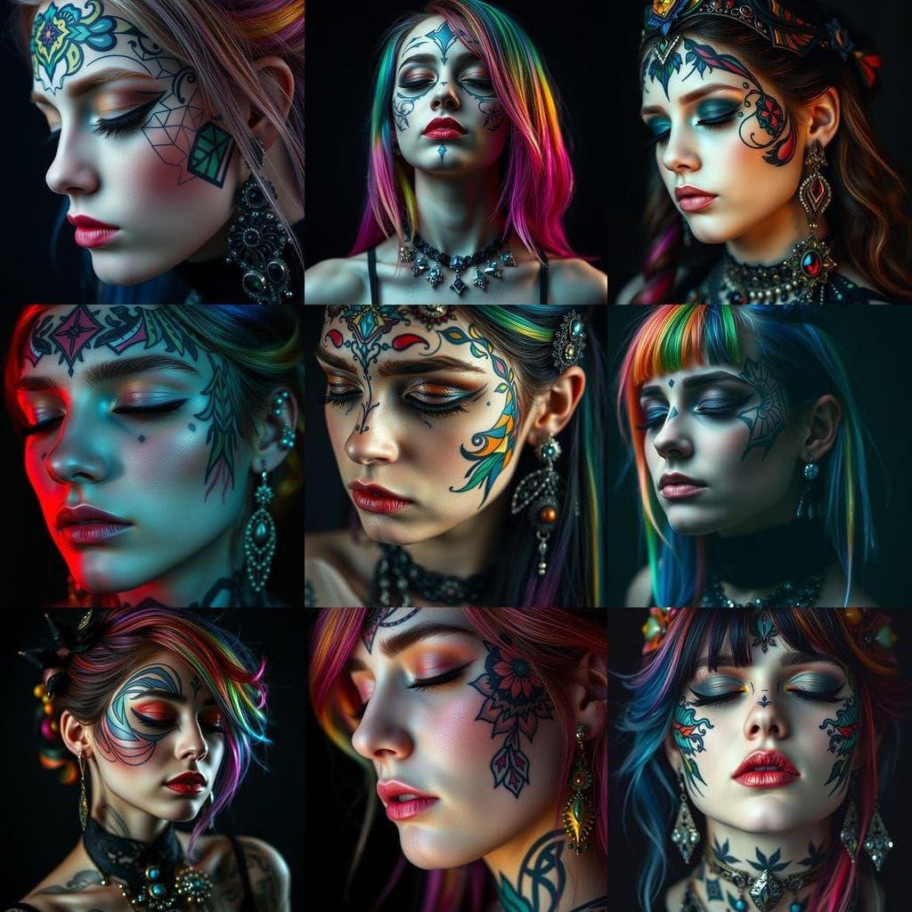 Woman with Geometric Face Art and Rainbow Hair