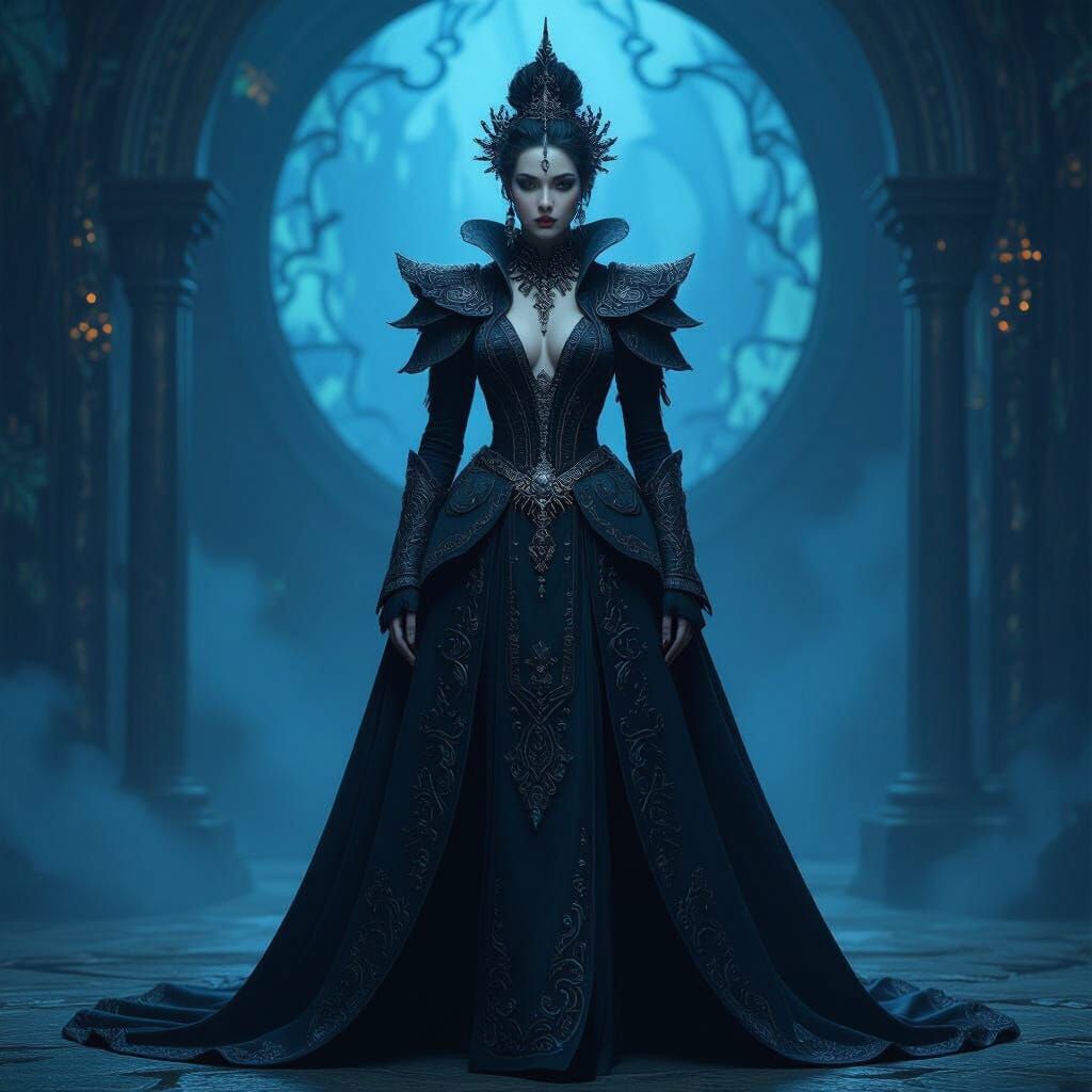 Mystical Figure in Black and Blue Tones, Detailed Matte Pain...