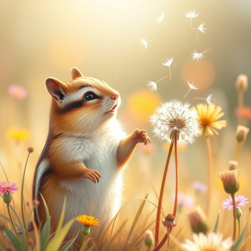 Whimsical Chipmunk Savoring Dandelion Delicacy in Sun-Dapple...