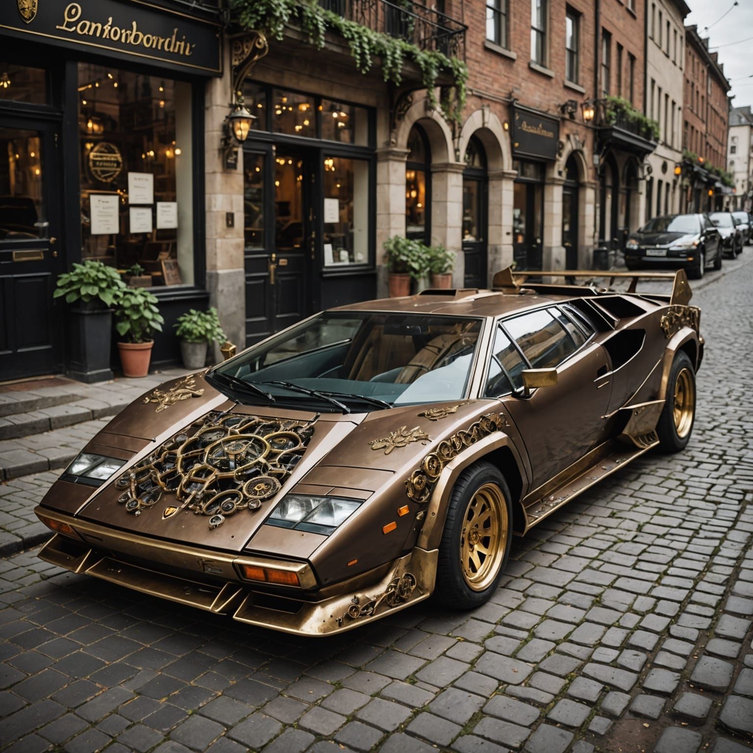 Steampunk Lamborghini Countach on Cobblestone Street