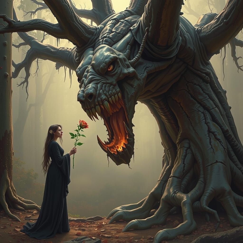 Frightened Woman and Ominous Tree, in Dark Art Style