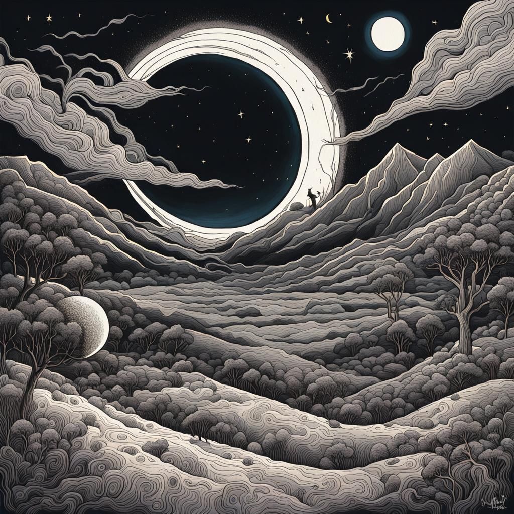 Whimsical Pen and Ink Solar Eclipse Drawing