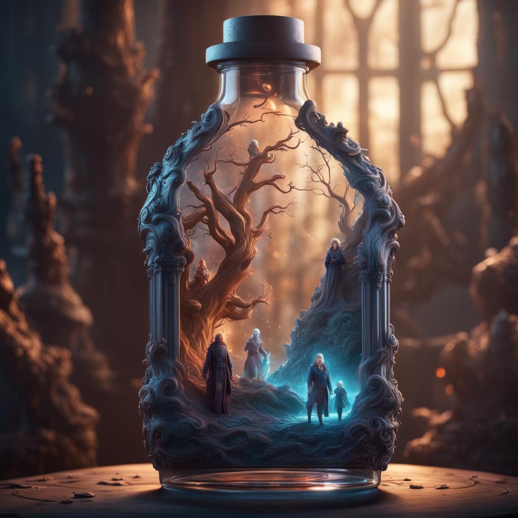 Detailed Matte Painting: People Inside Glass Bottle