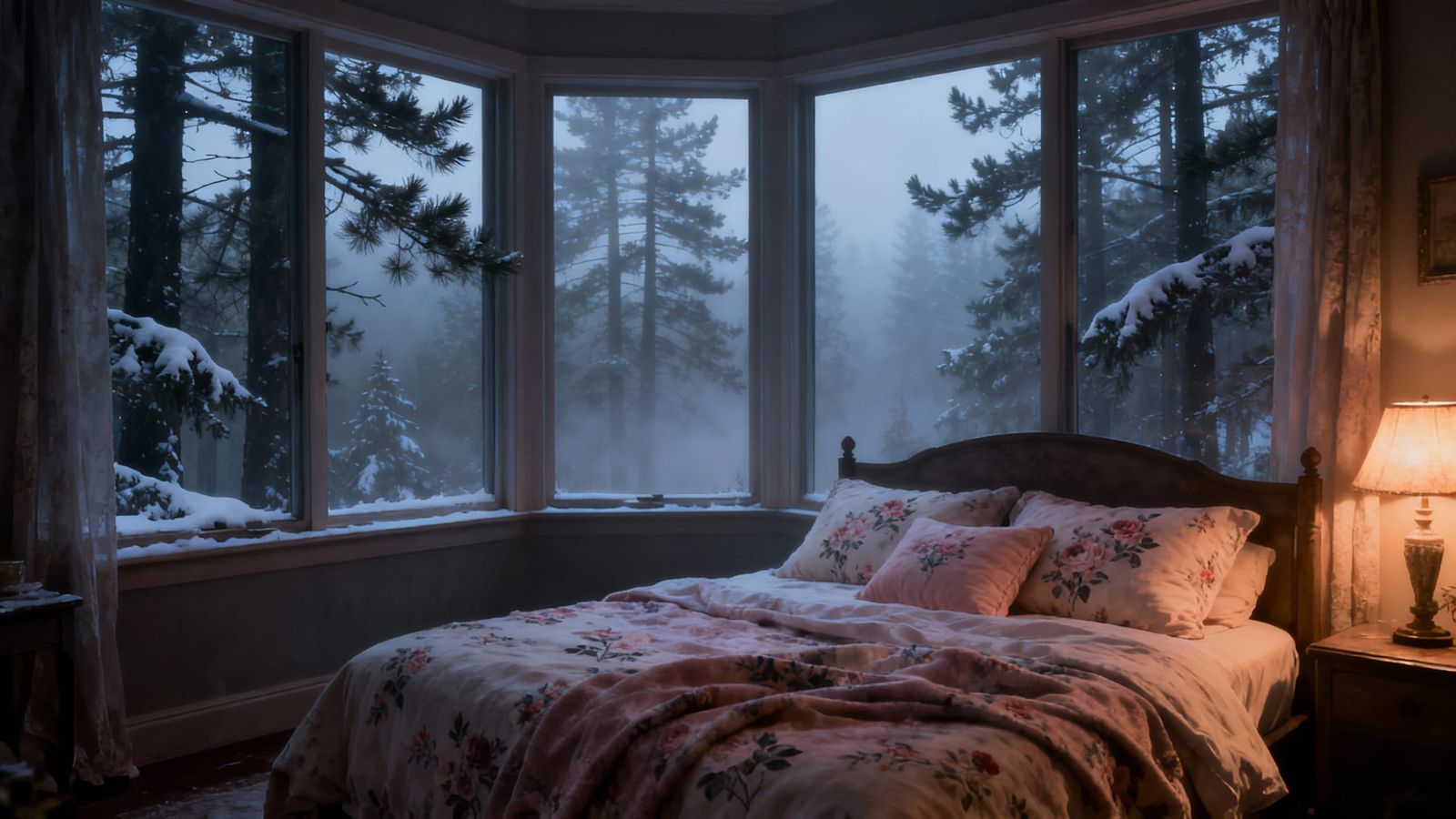 Cozy Bedroom Overlooking Snowy Pine Forest