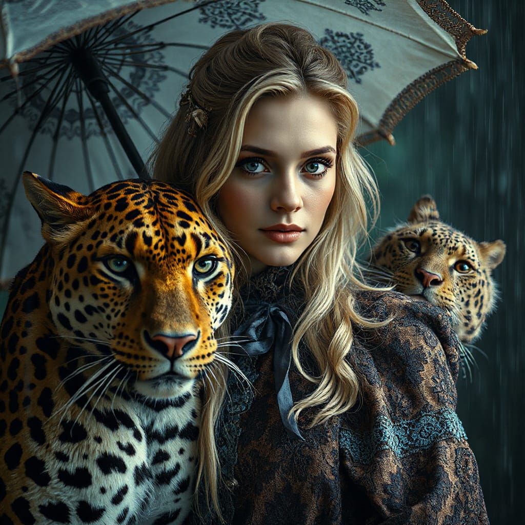 Woman and Leopard in Rain: Ethereal Concept Art Portrait