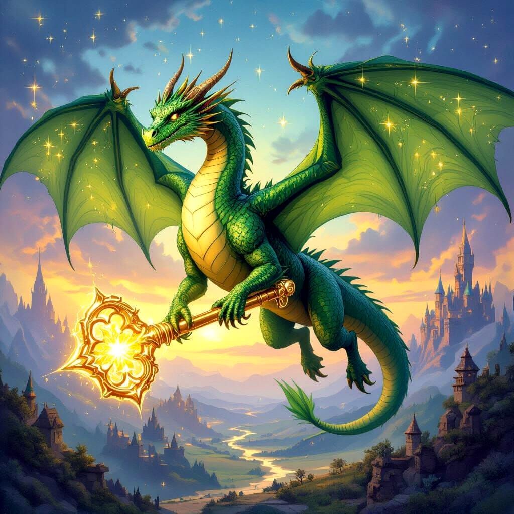 Friendly Green Dragon Flies Over Enchanted Land Holding Glow...