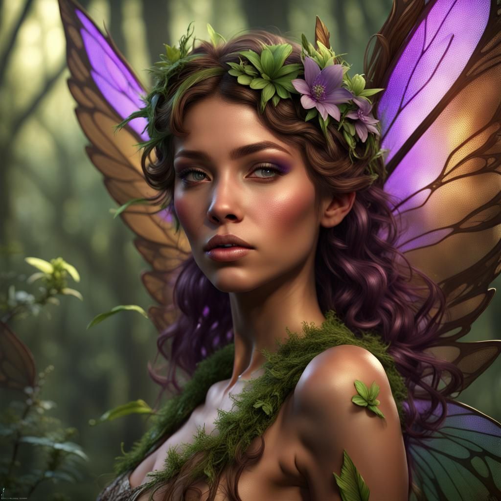 Forest Fairy with Colorful Wings in Detailed Matte Painting