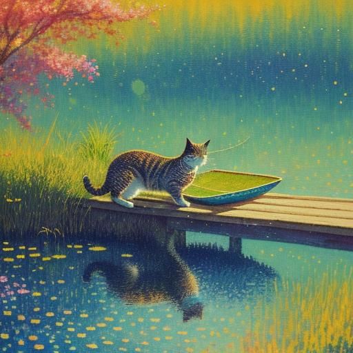 Cat Fishing in Pointillism Style on Lake Shore