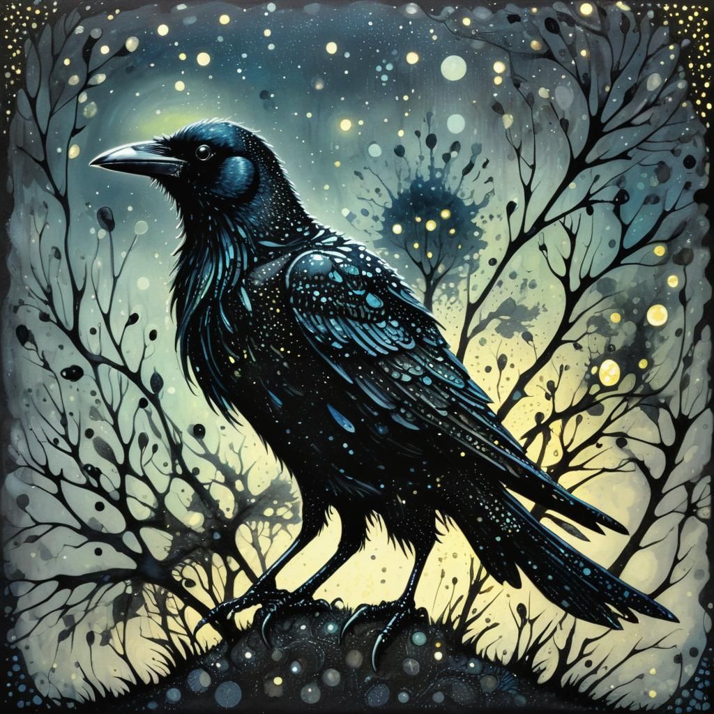 Whimsical Bioluminescent Crow in Pointillism Style