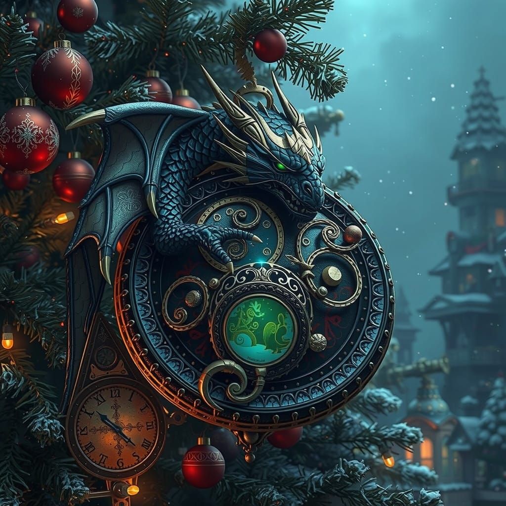 Medieval Dragon Guardians Christmas Tree Scene in Steampunk....