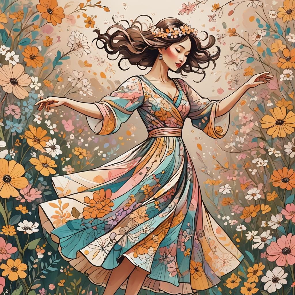 Dancing Woman in Flowers: Japandi Pastel Art