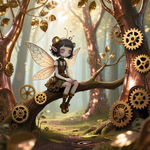 Clockwork Emo Fairy in Steampunk Brass Forest