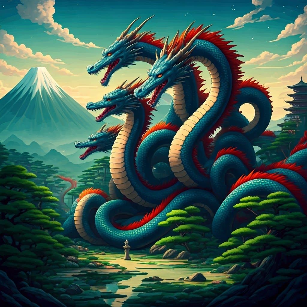 Majestic Nine-Headed Dragon in a Vibrant, Dreamlike Landscap...