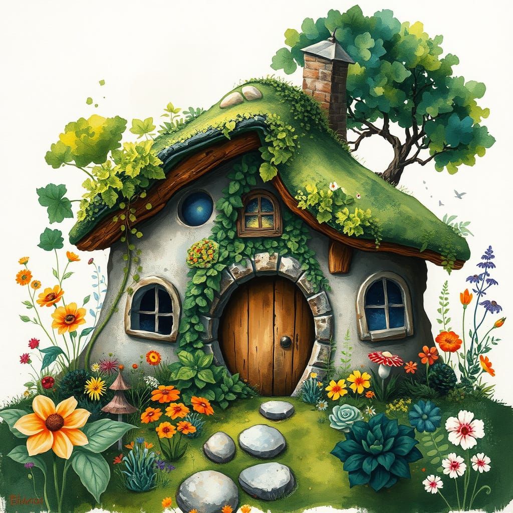 Whimsical Earth-Hobbit House in Vibrant Garden Style