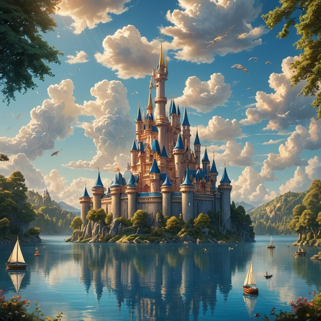 Disney Castle in Serene Lake: Digital Matte Painting