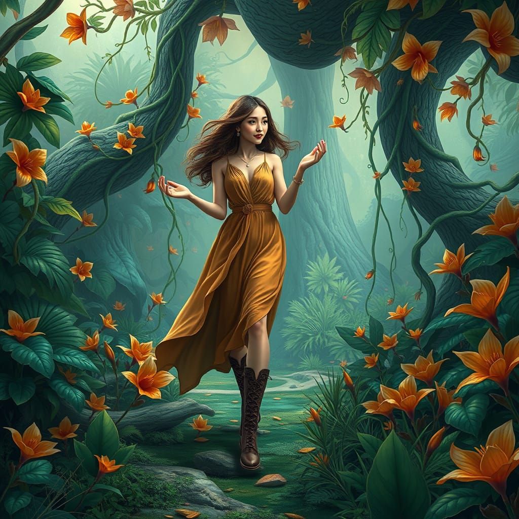 Woman in Whimsical Garden Converses with Nature