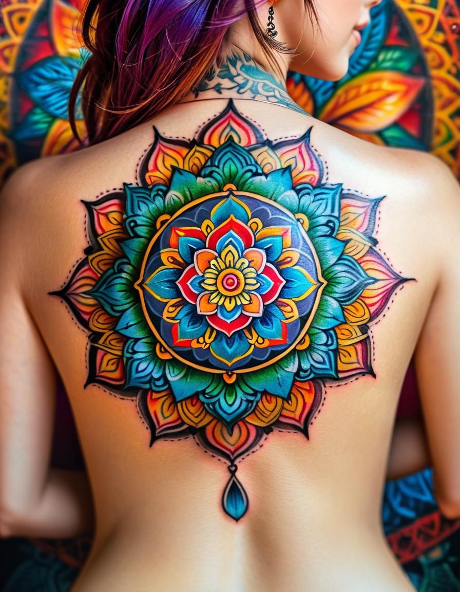 Vivid Mandala Tattoo Back Art: Photorealistic Close-Up
