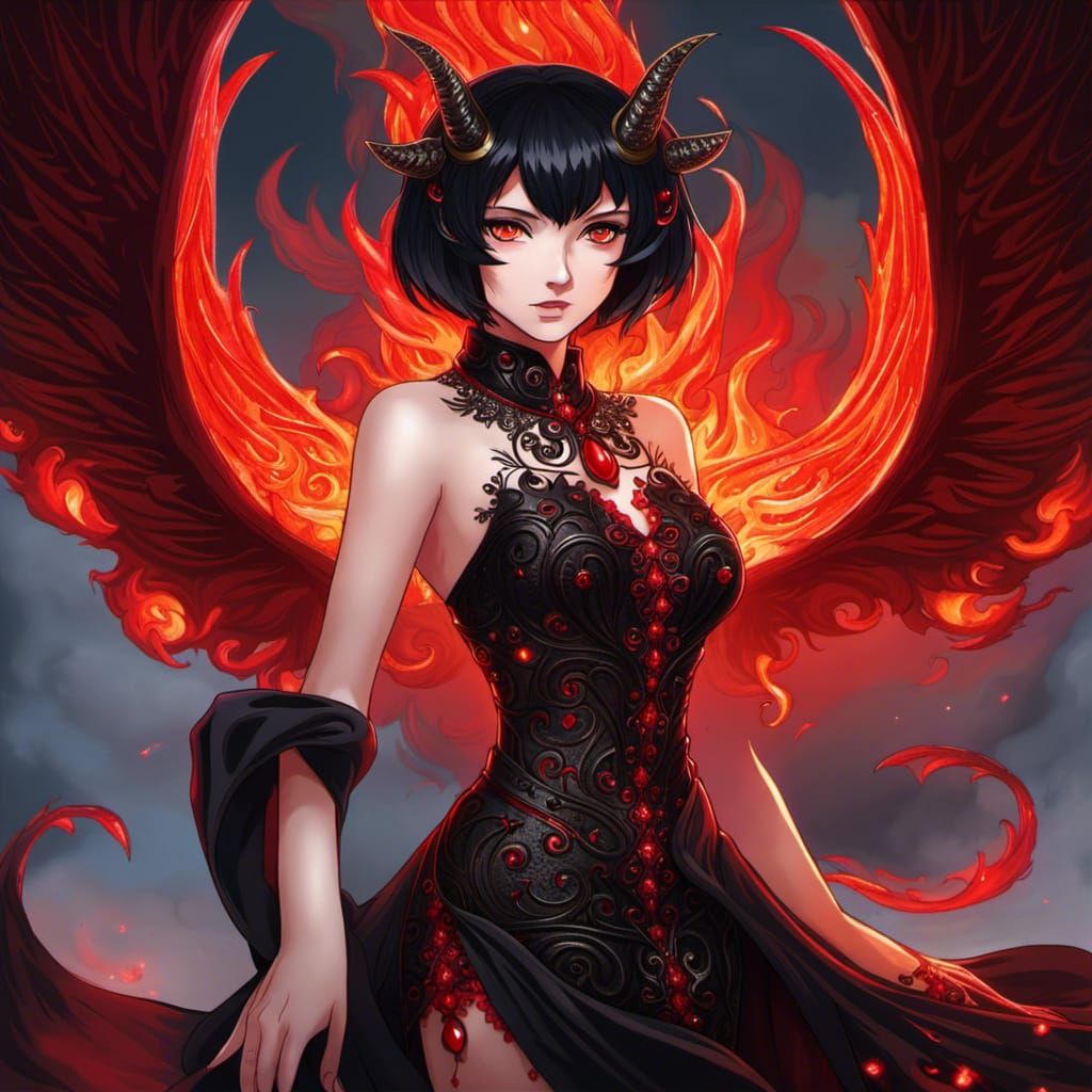 Anime Demon Woman with Fiery Dress