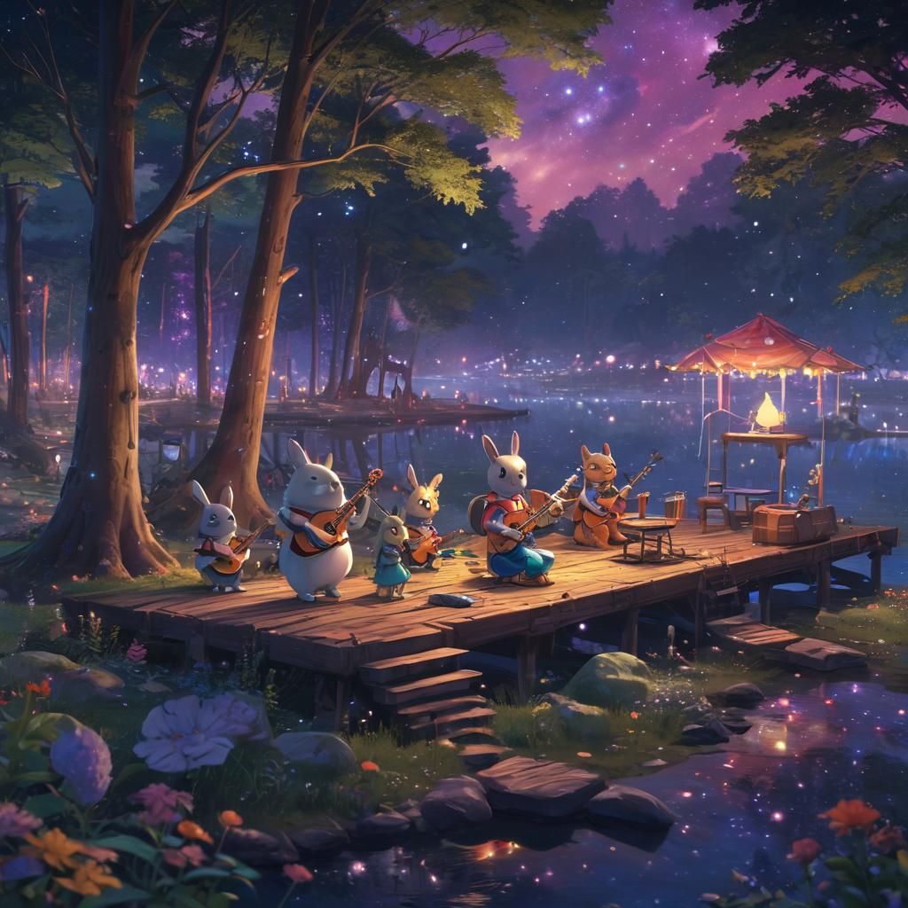 Anime Animal Musicians Festival Under Galaxy Sky