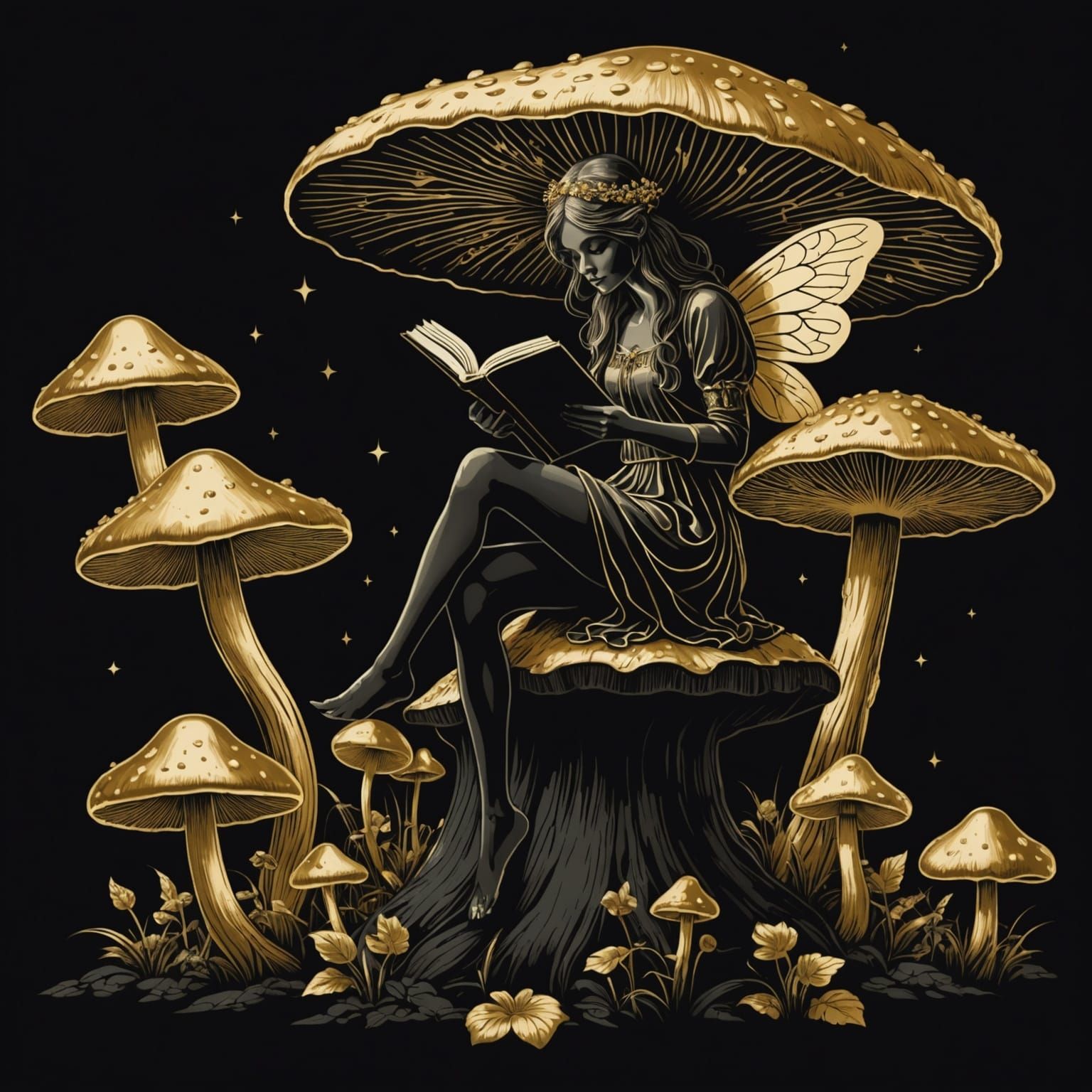 Fairy Reading Book on Mushroom in Gold Foil