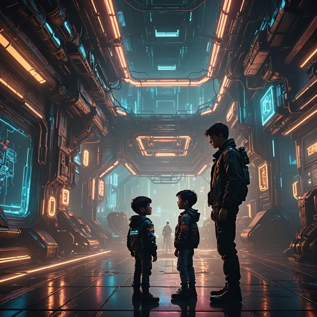Cyberpunk Father and Son in Neon Cityscape