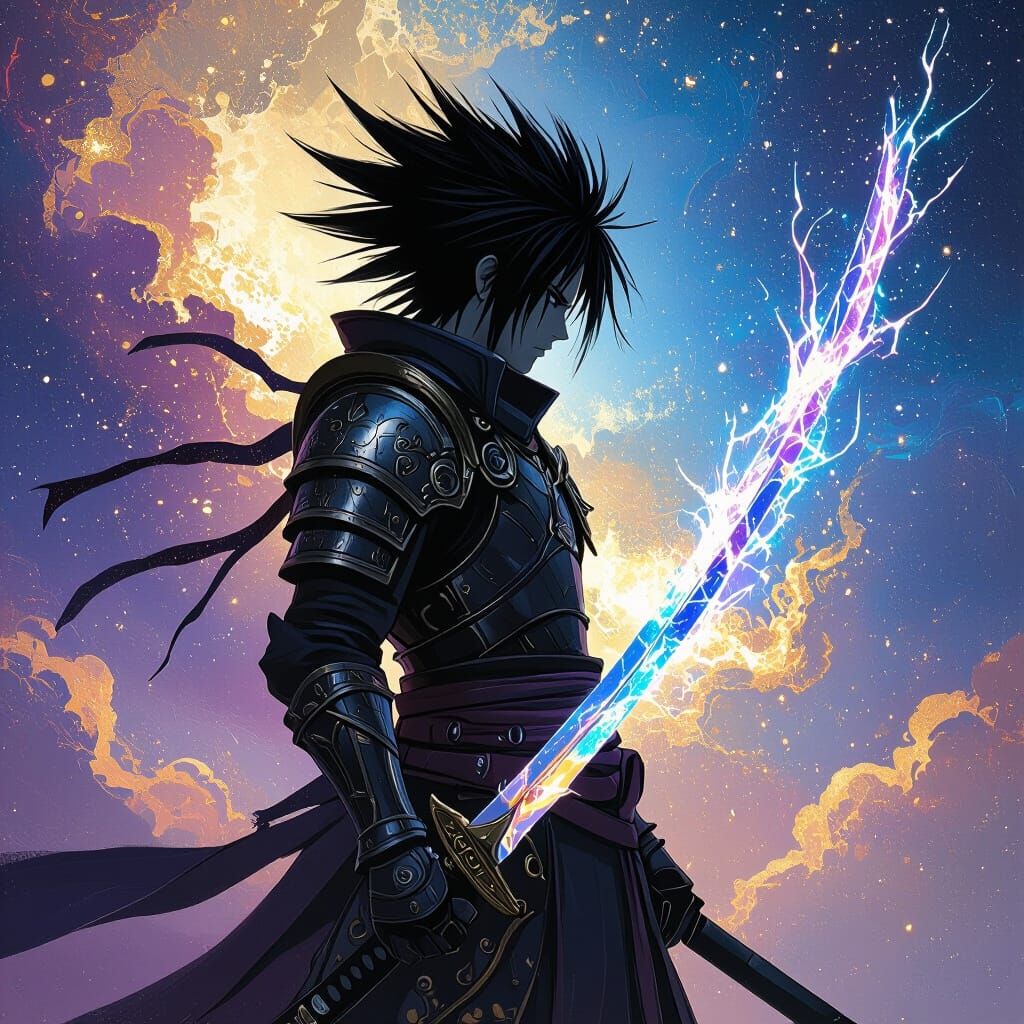 Swordsman Silhouette Against Cosmic Nebula in Digital Painti...