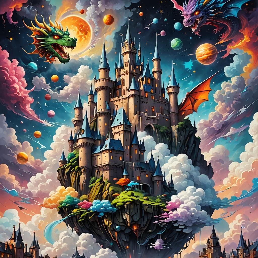 Floating Castle with Dragons in Graffiti Art Style