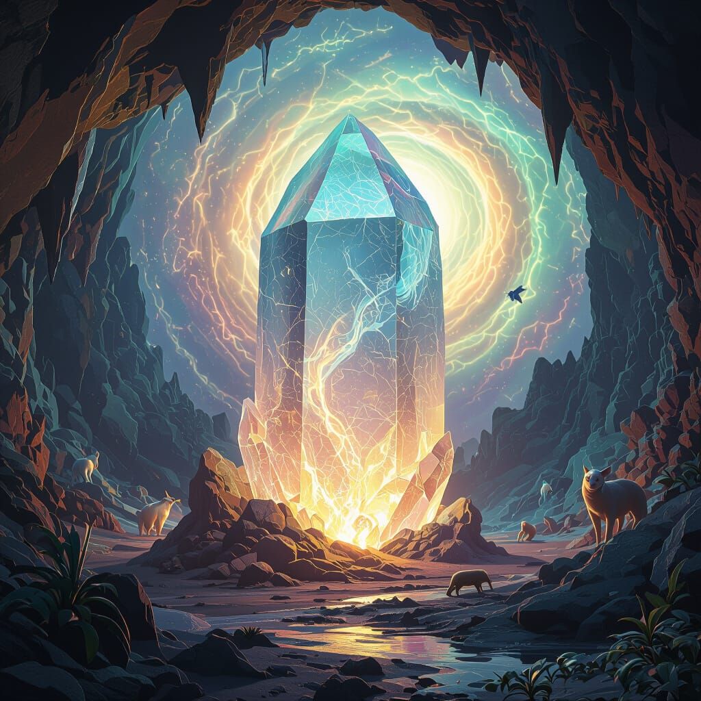 Bioluminescent Crystal Cave with Swirling Energy