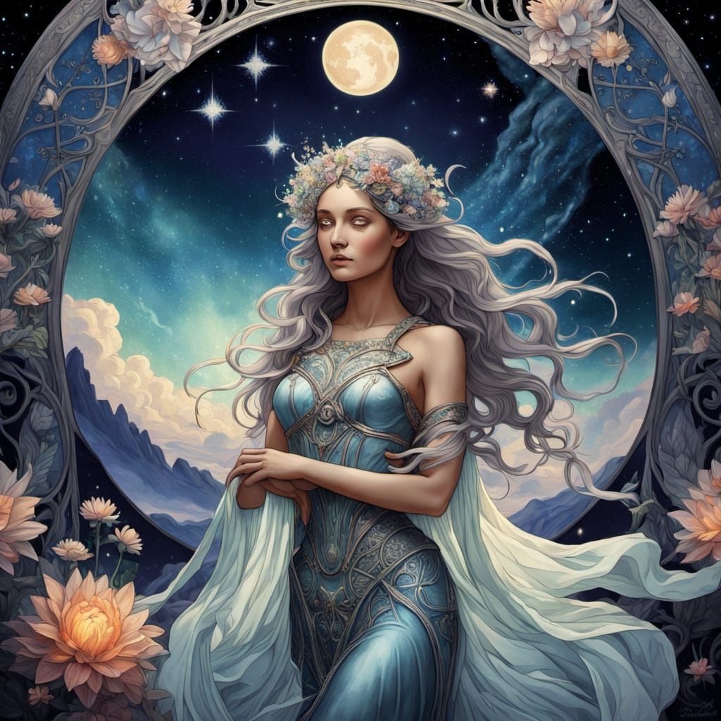 Art Nouveau Goddess with Galaxy and Fairy