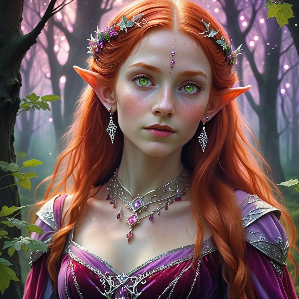 Beautiful Elf Portrait in Red Dress, Art Nouveau Style