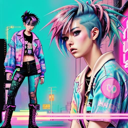 Vaporwave Watercolor of Japanese Punk in 80s Style