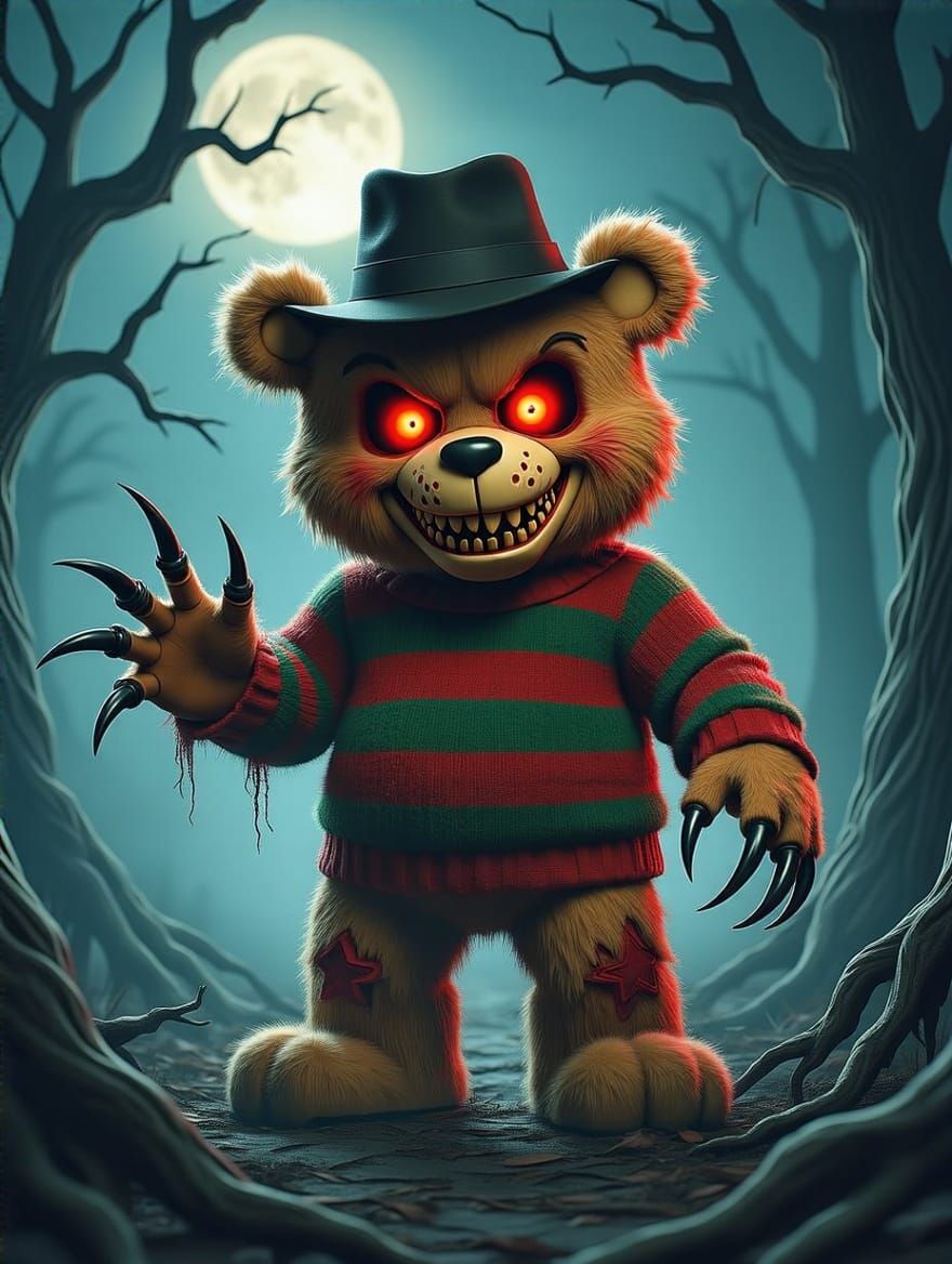 Cute Freddy Krueger Care Bear in Dark Fantasy Style
