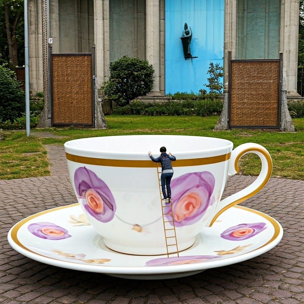 Whimsical Giant Teacup Scene in a Dreamlike Atmosphere