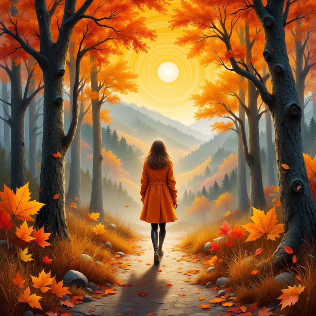 Autumn Forest Scene with Woman in Orange Coat