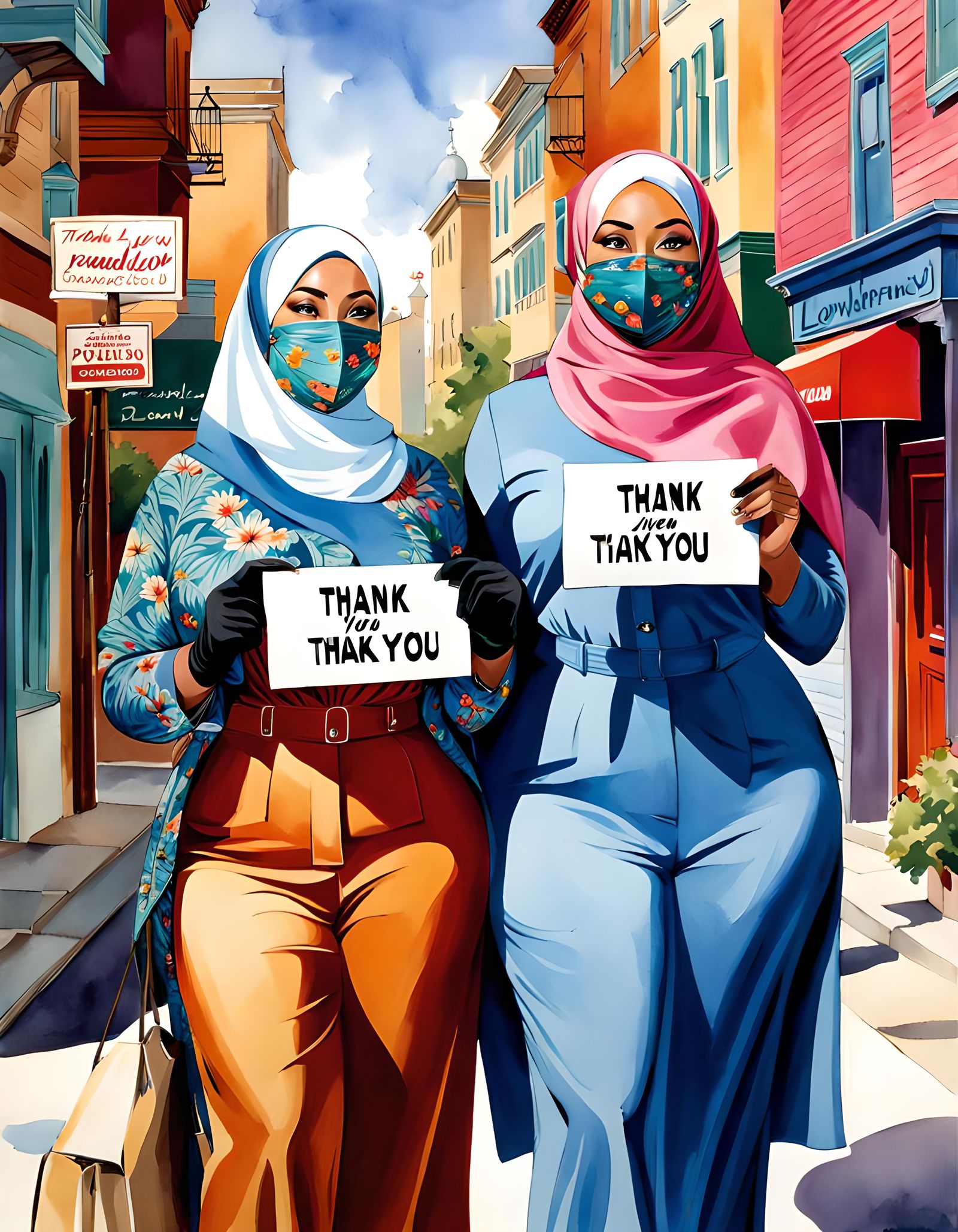 Overweight Hijab Women Thanking You in Watercolor