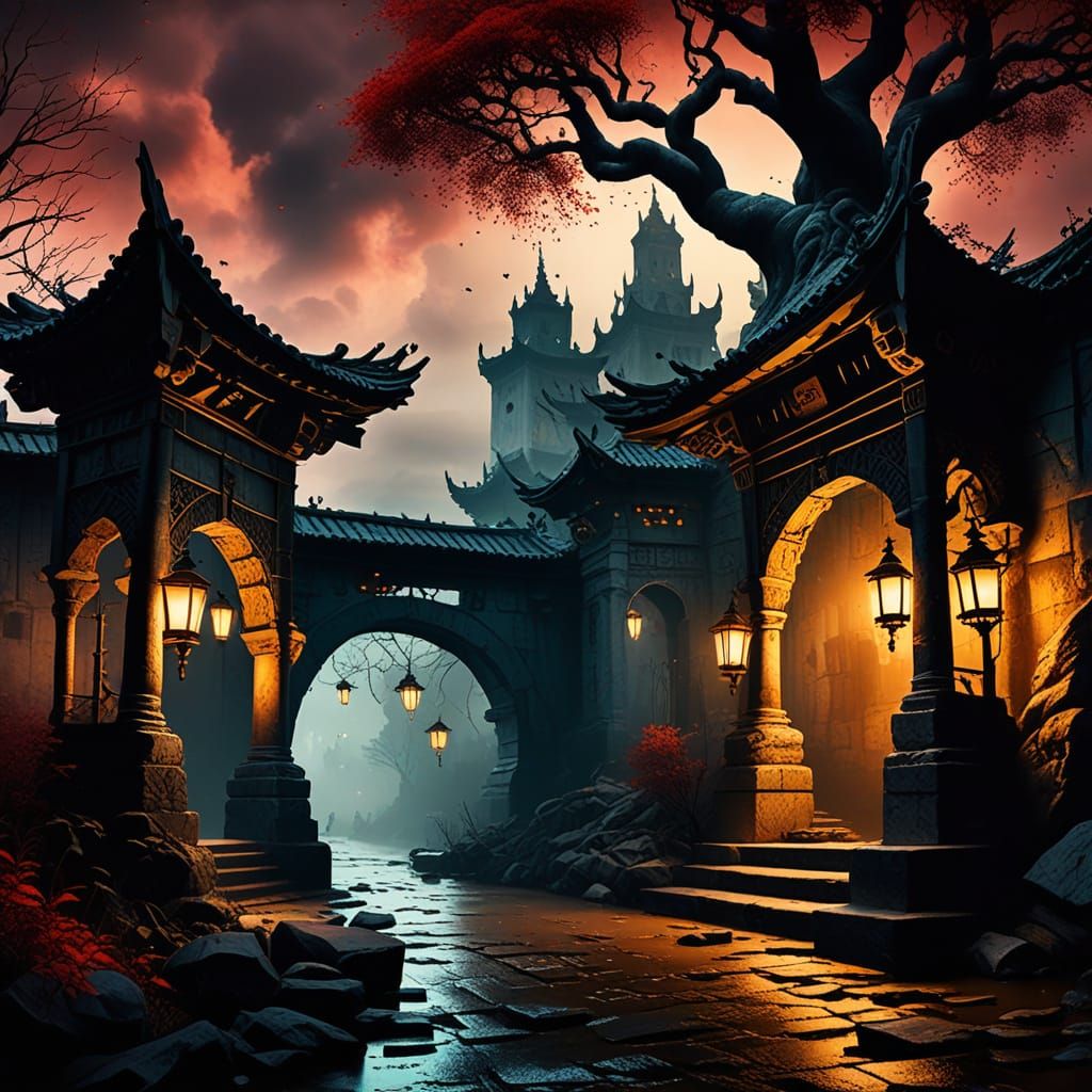 Surreal Cityscape with Ancient Buildings and Mystical Symbol...