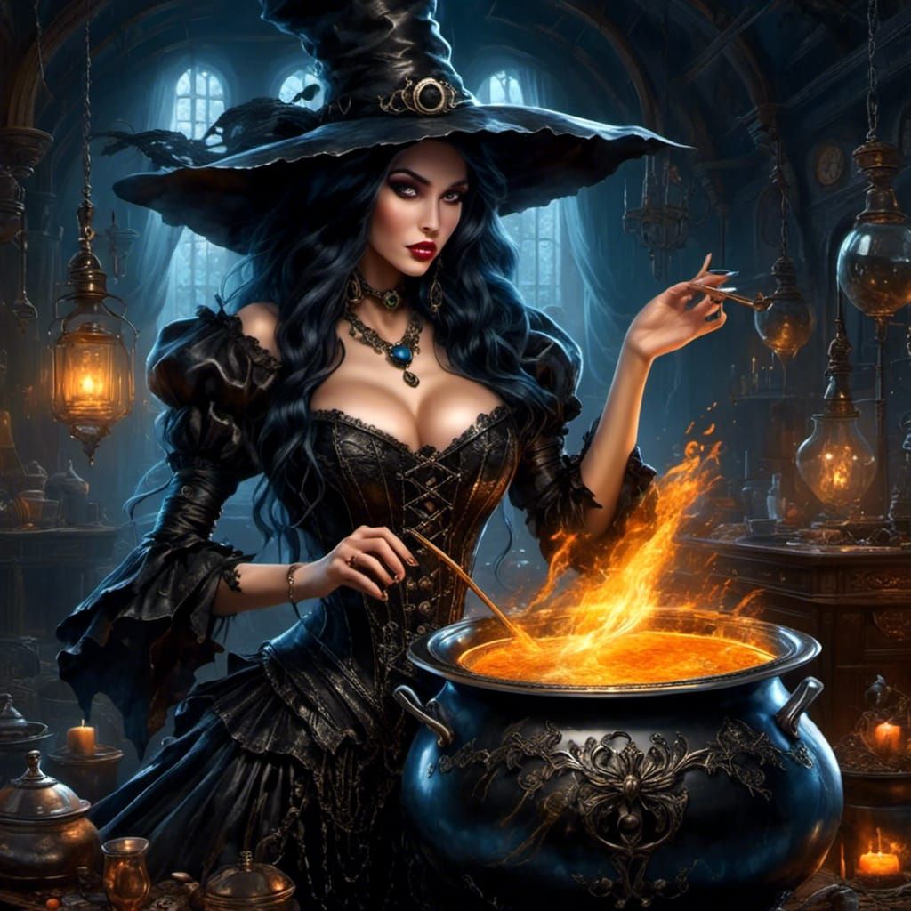 Evil Witch with Cauldron in Gothic Style