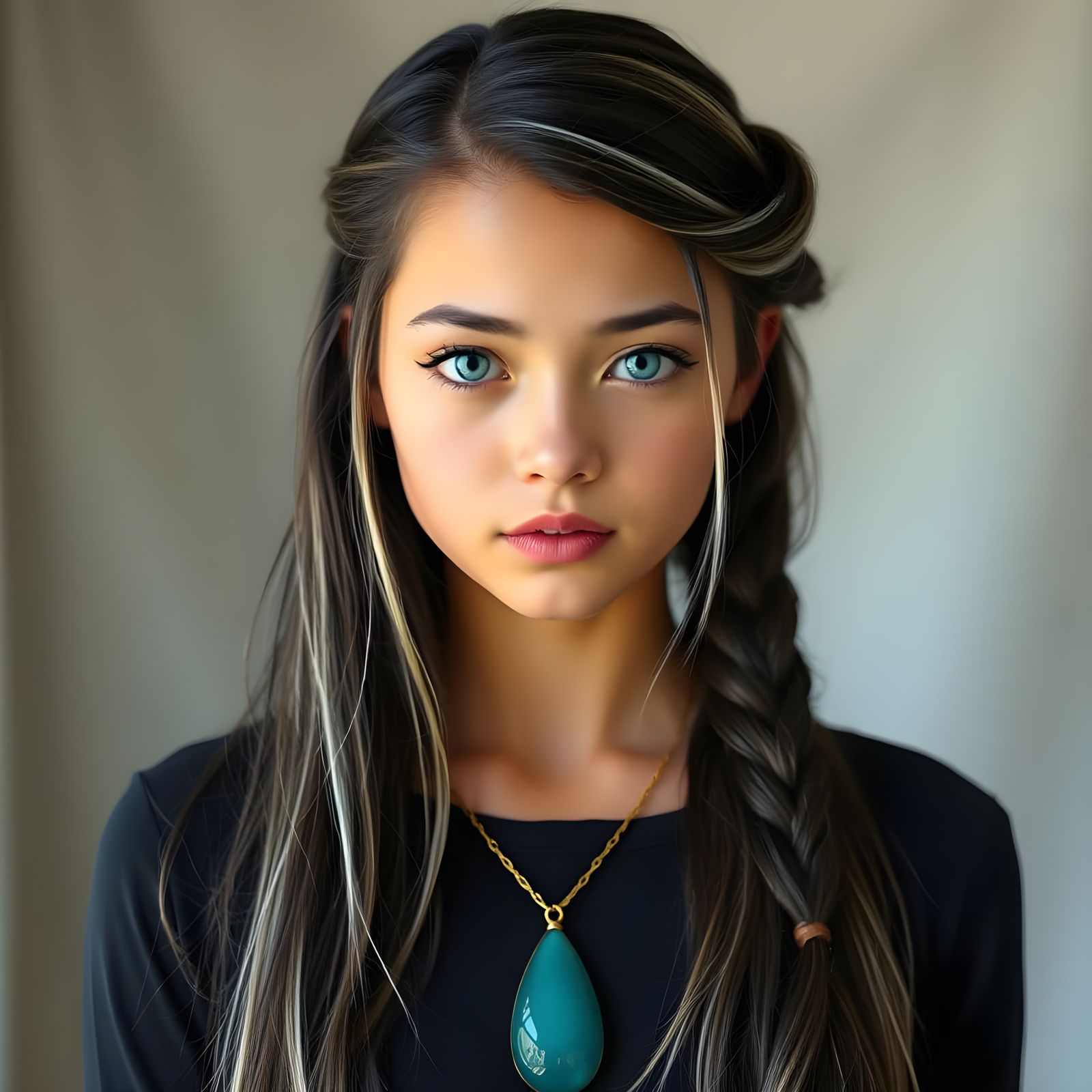 Ethereal Young Woman with Braided Hair and Teal Necklace