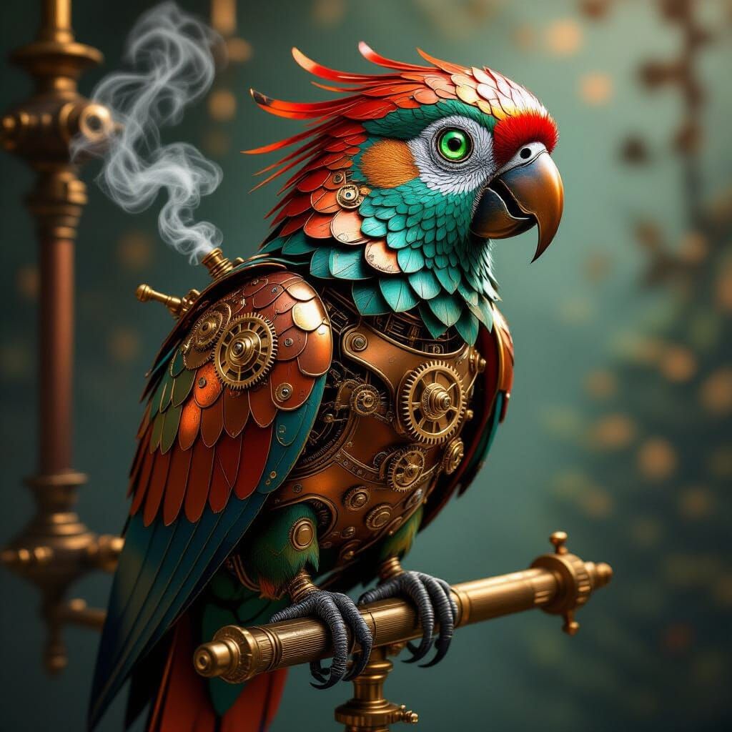 Steampunk Parrot with Copper Feathers and Emerald Eyes