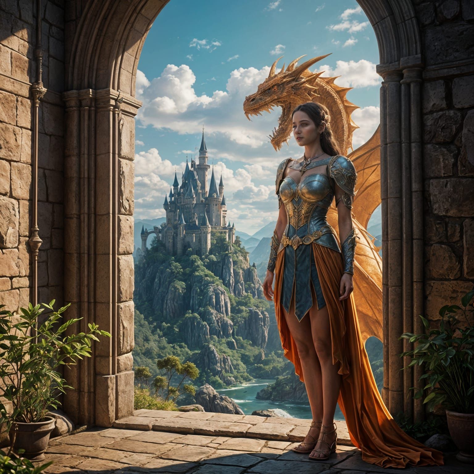 Majestic Princess and Dragon in Fantasy Castle