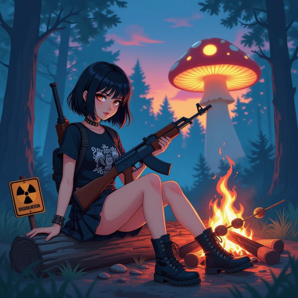 Eerie Forest: Emo Woman Roasting Mushrooms in Anime Style