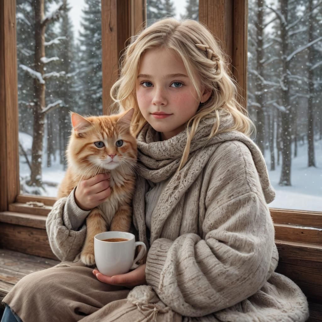 Winter Cabin Scene with Child and Cat