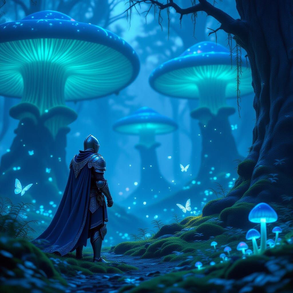 Knight in Bioluminescent Forest Digital Matte Painting