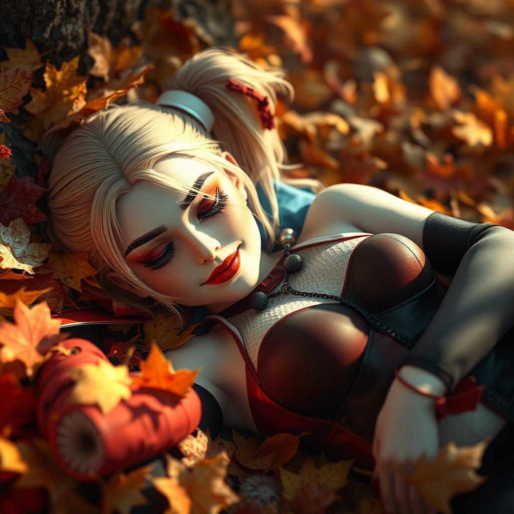 Harley Quinn in Autumn Leaves: 3D Anime Art