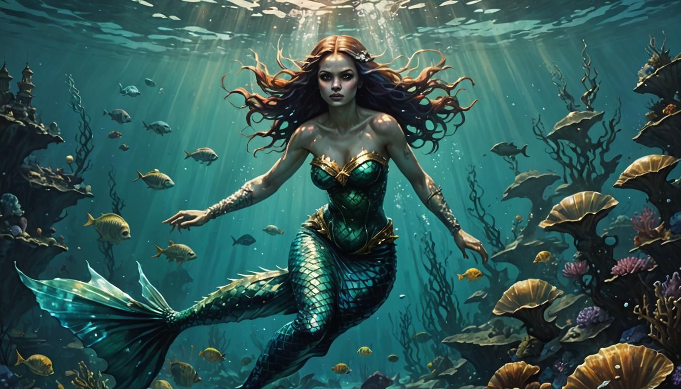 Sinister Mermaid in Polluted Sea