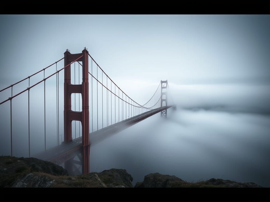 Golden Gate Bridge in Fog, Dramatic Lighting
