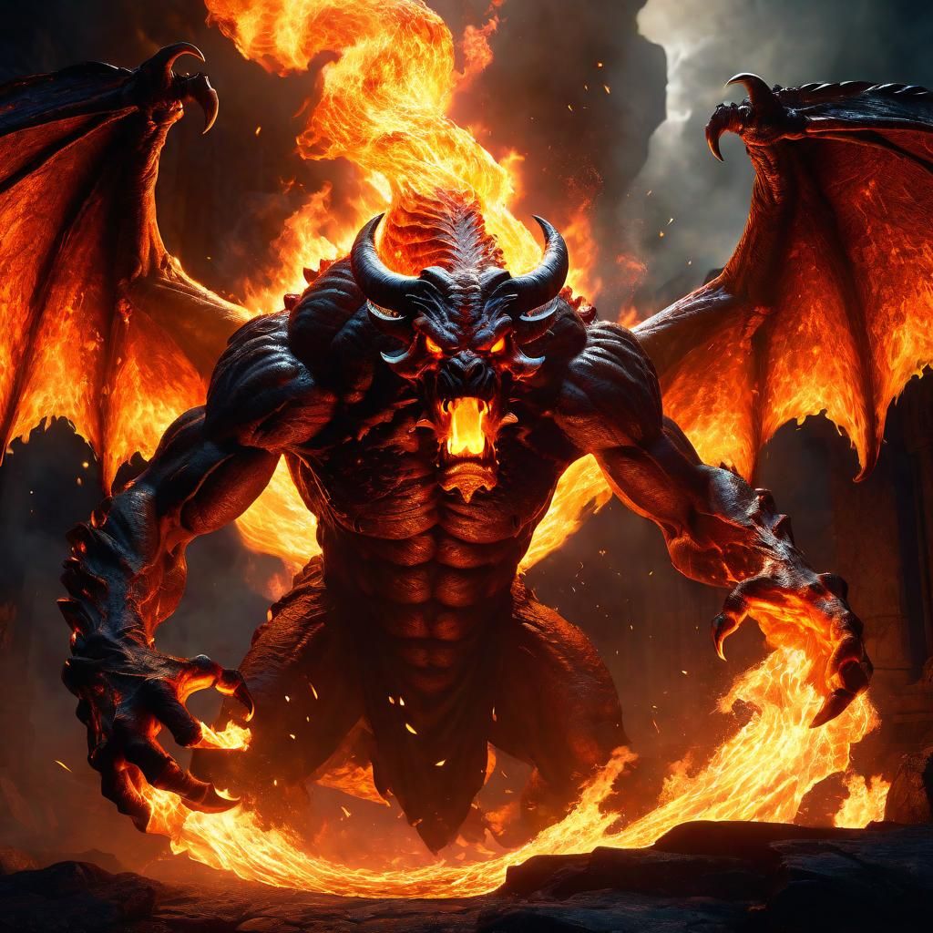Flaming Balrog Demon in a Fiery Abyss