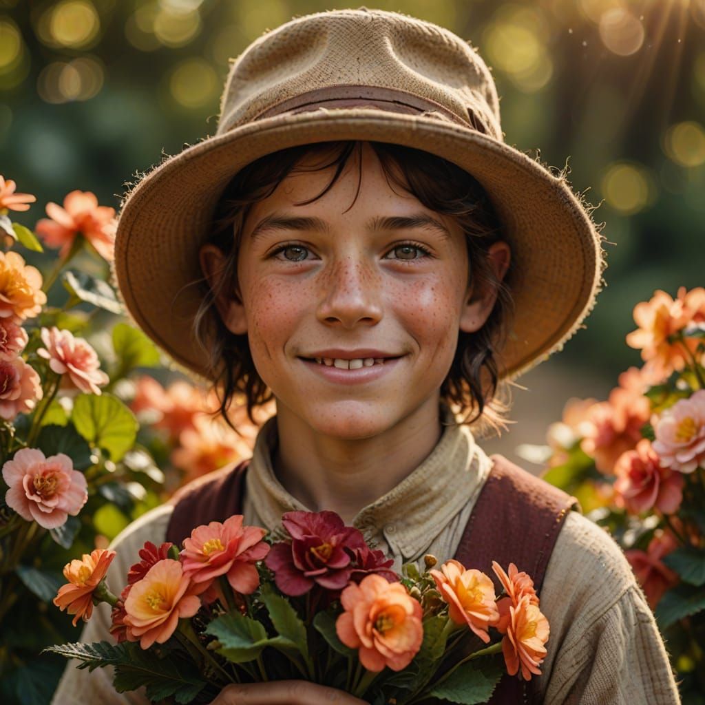 Rustic Medieval Boy with Begonias and Bracken