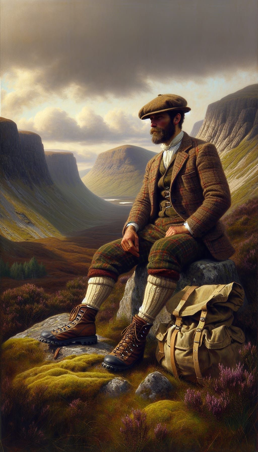 Edwardian Oil Painting: Hiker in Scottish Highlands